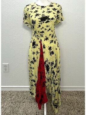 PREEN LINE Womens XS Yellow Red Floral Print Handkerchief Hem DRESS S/S Lined